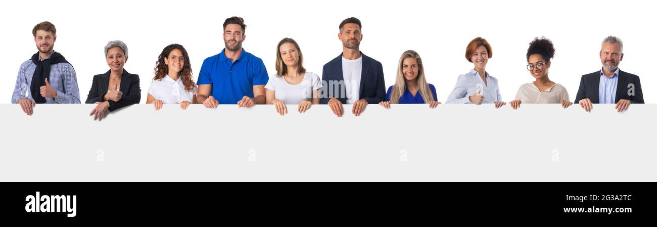 Group of business people in casual clothes holding blank banner ad isolated  on white background Stock Photo - Alamy