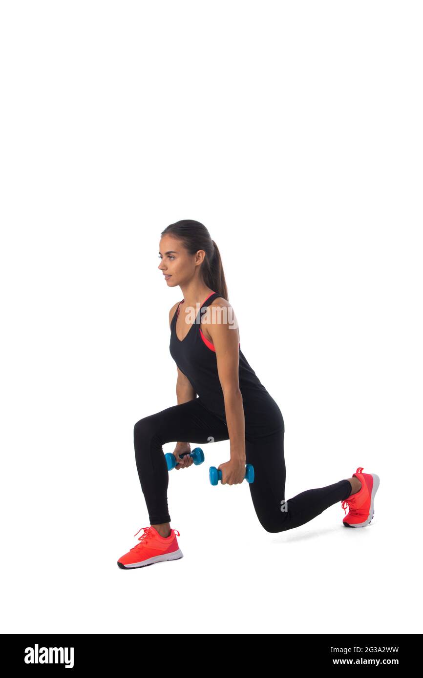 Healthy hispanic fitness girl with doing workout squat exercise isolated on  white background Stock Photo - Alamy