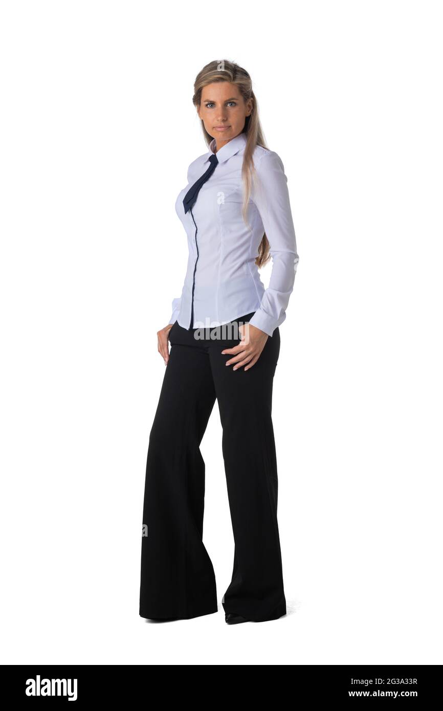 Full length portrait of young business woman studio isolated on white ...