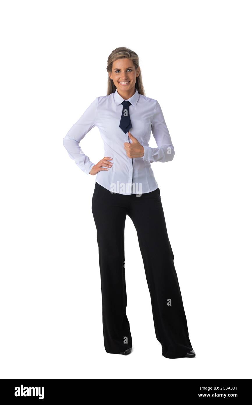 Full length portrait of business woman showing thumbs up gesture studio ...