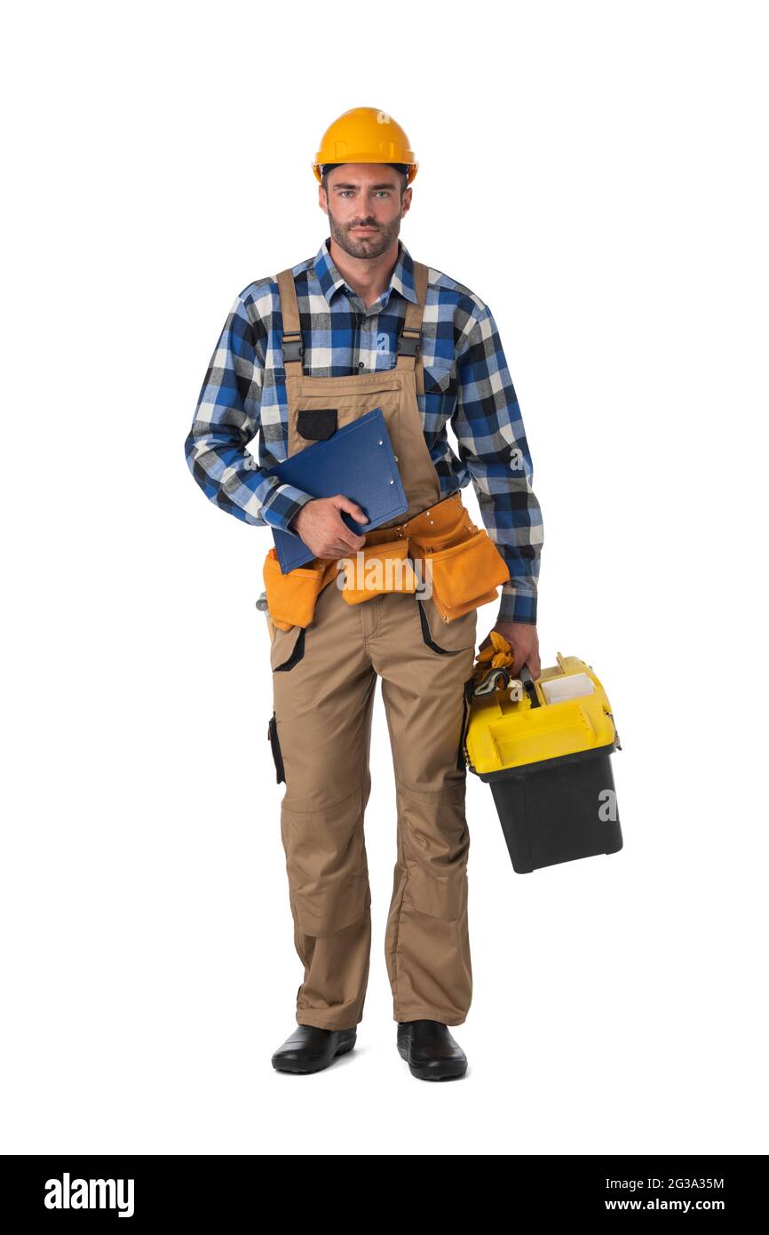 Contractor worker in coveralls and hardhat with toolbox and document