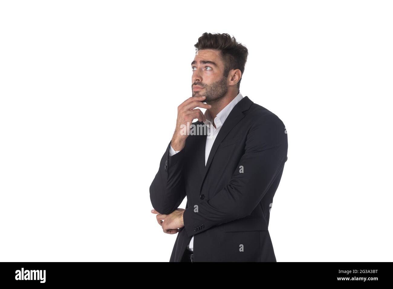 Portrait of young handsome business man in black suit thinking holding ...