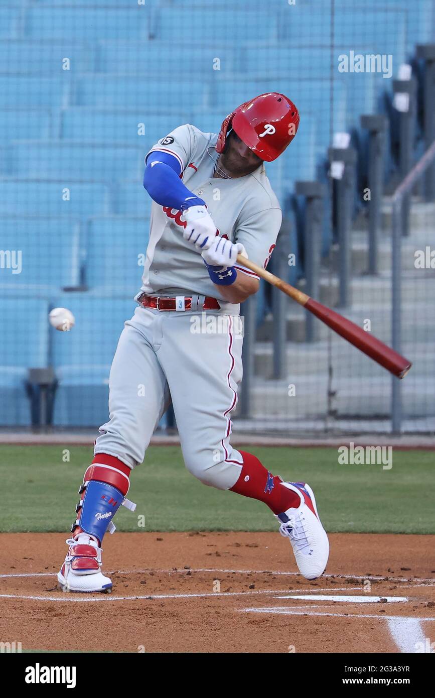 June 14, 2021: Philadelphia Phillies right fielder Bryce Harper (3) bats  for the Phillies during the game between the Philadelphia Phillies and the  Los Angeles Dodgers at Dodger Stadium in Los Angeles