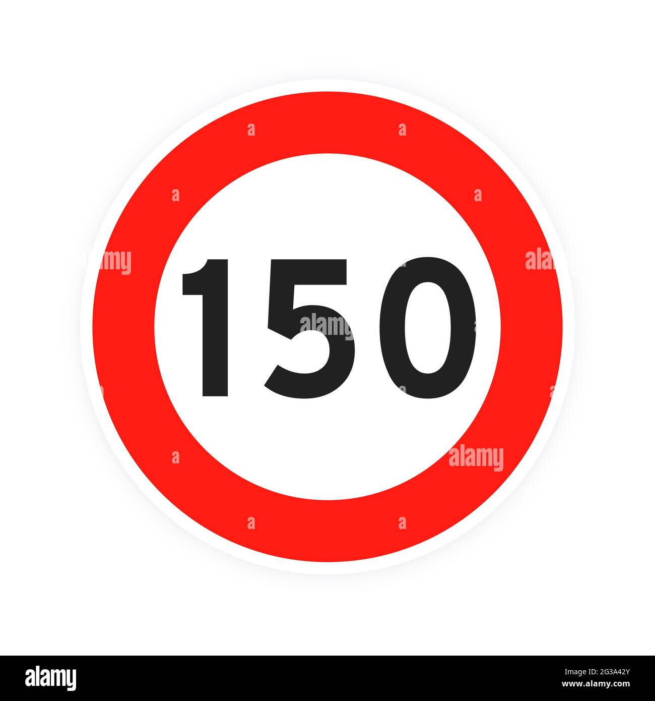 Speed limit 150 round road traffic icon sign flat style design vector illustration isolated on white background. Circle standard road sign with number Stock Vector