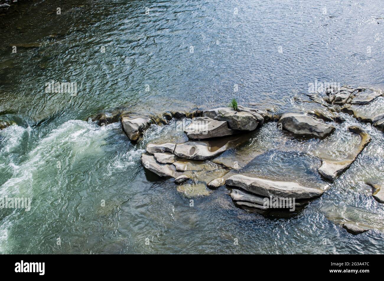 Mountain stones fast river. Carpathians Skole photo. Stock Photo