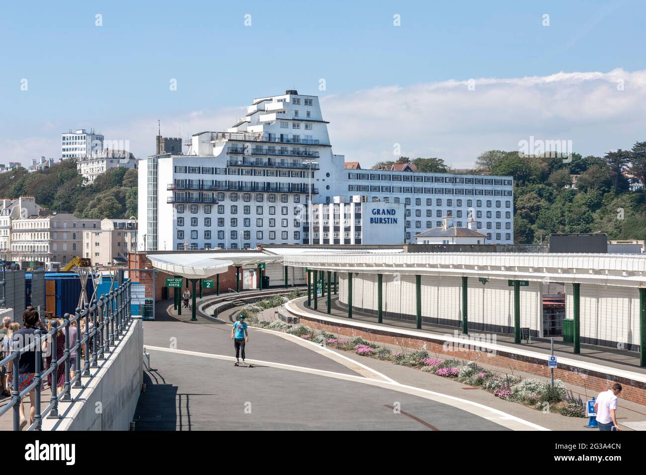 The Grand Burstin Hotel, taken from the Harbour Arm over the old railway station. Folkestone, Kent. Stock Photo