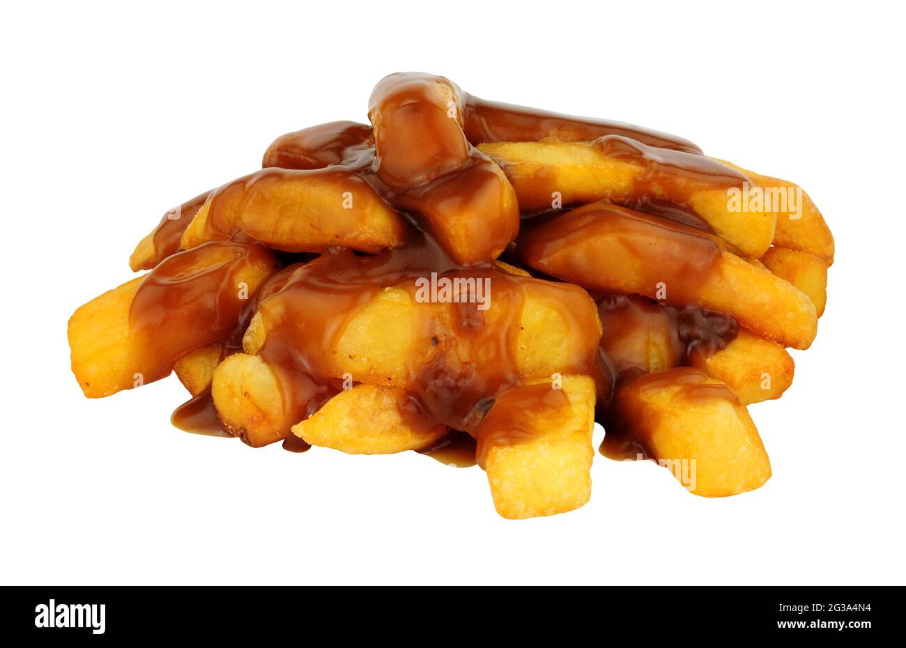 Portion of chips and gravy isolated on a white background Stock Photo