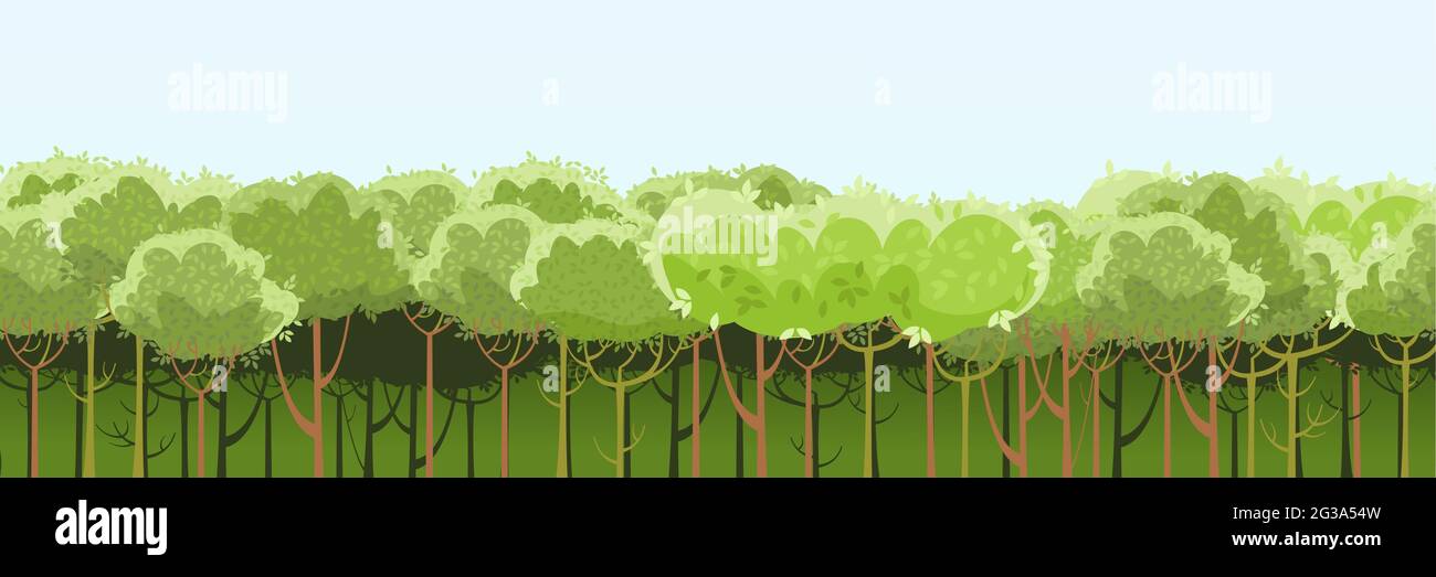 Dark forest or garden. Thin young trees. A beautiful and graceful summer landscape. Flat style. Cartoon design. Seamless, Vector Stock Vector
