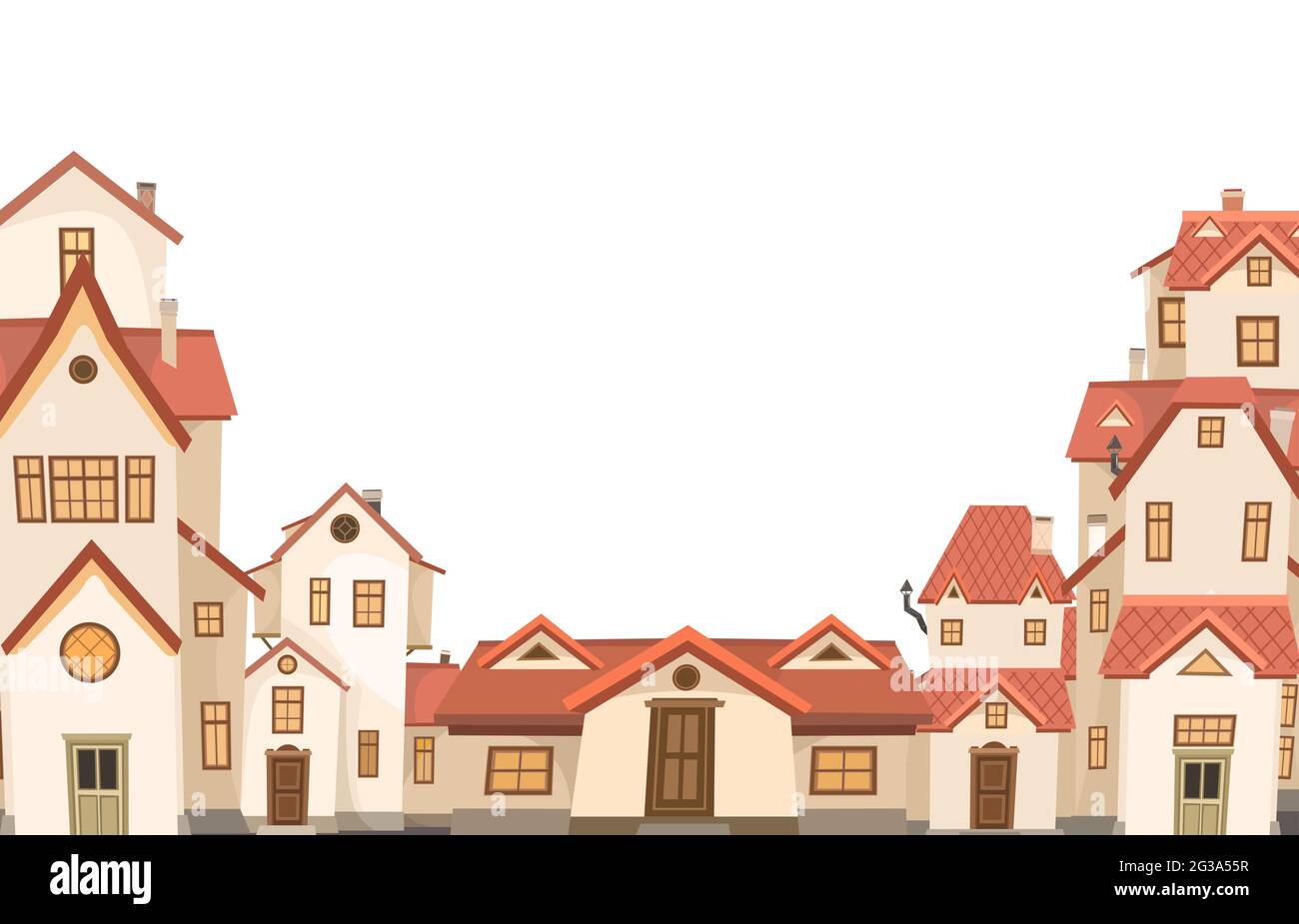 Cartoon houses with red roofs. Village or town. Frame. A beautiful, cozy country house in a traditional European style. Nice funny home. Rural Stock Vector