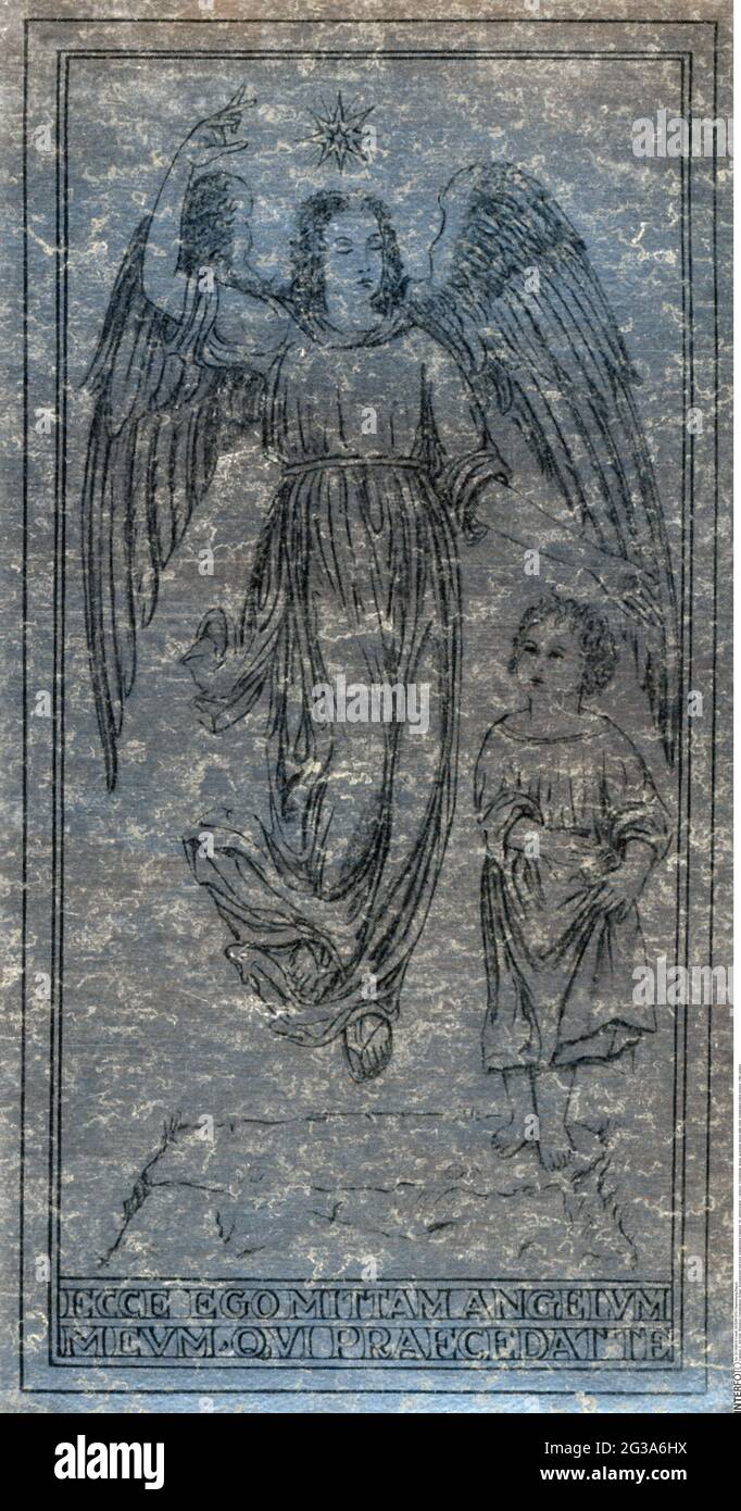 religion, Christianity, angel, guardian angel with child, metallated votive picture, 19th century, ADDITIONAL-RIGHTS-CLEARANCE-INFO-NOT-AVAILABLE Stock Photo