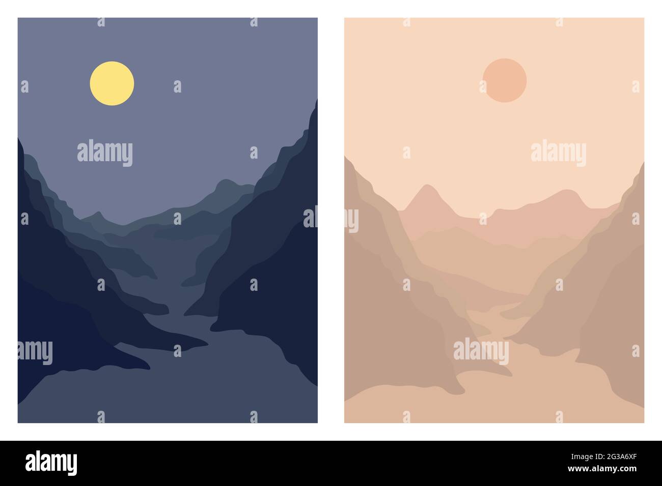 Set of aesthetic day and night landscape of mountains, moon and sun. Wall decor. Minimalist art print template. Modern vector illustration Stock Vector