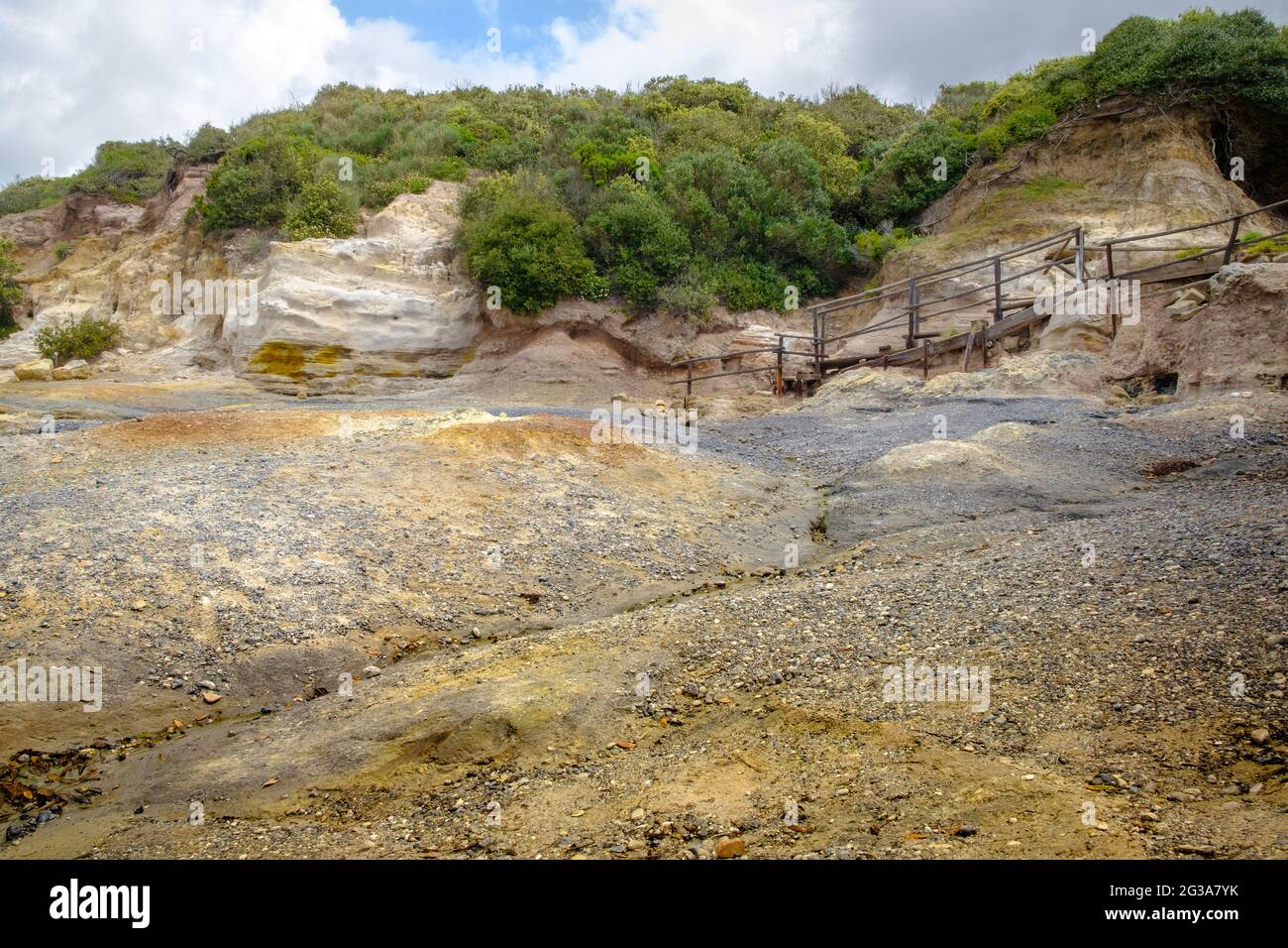 Detailed view of a sulfur mine so-called solfatara yellow rocks inside natural reserve of Tor Caldara in Lavinio, Anzio, Rome, Italy Stock Photo