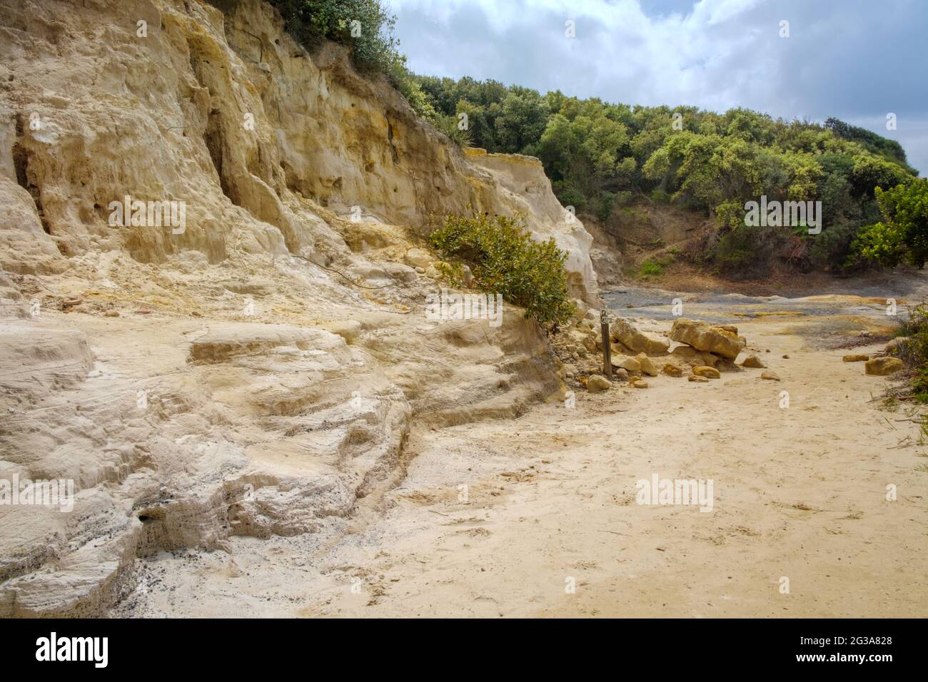 View of sulfur mine so-called solfatara inside natural reserve of Tor Caldara in Lavinio, Anzio, Rome, Italy Stock Photo