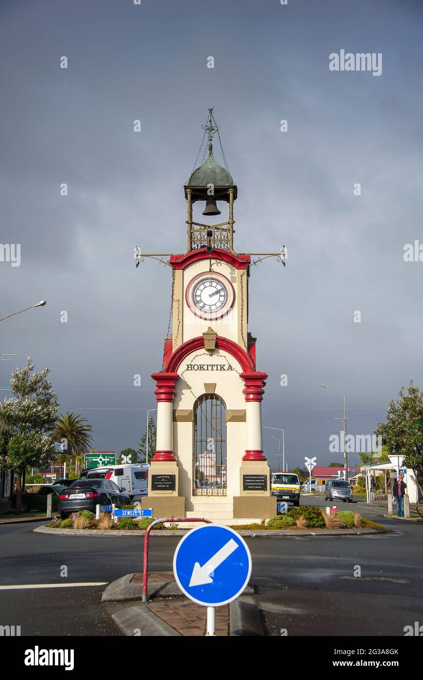 Clock Tower in the central business district of Hokitika, Westland, New Zealand. Built as a memorial to the men who fought in the Boer war in 1902 Stock Photo