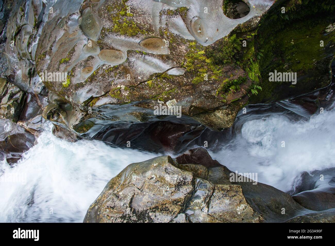 The Chasm, natural gap and waterfall over the Cleddau River, Fiordland National Park near Te Anau, New Zealand Stock Photo