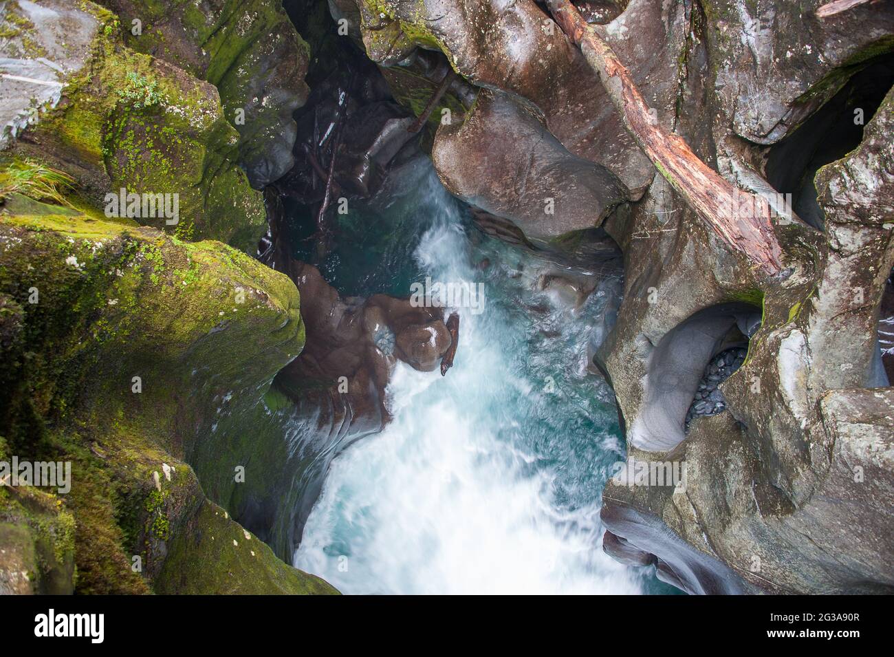 The Chasm, natural gap and waterfall over the Cleddau River, Fiordland National Park near Te Anau, New Zealand Stock Photo
