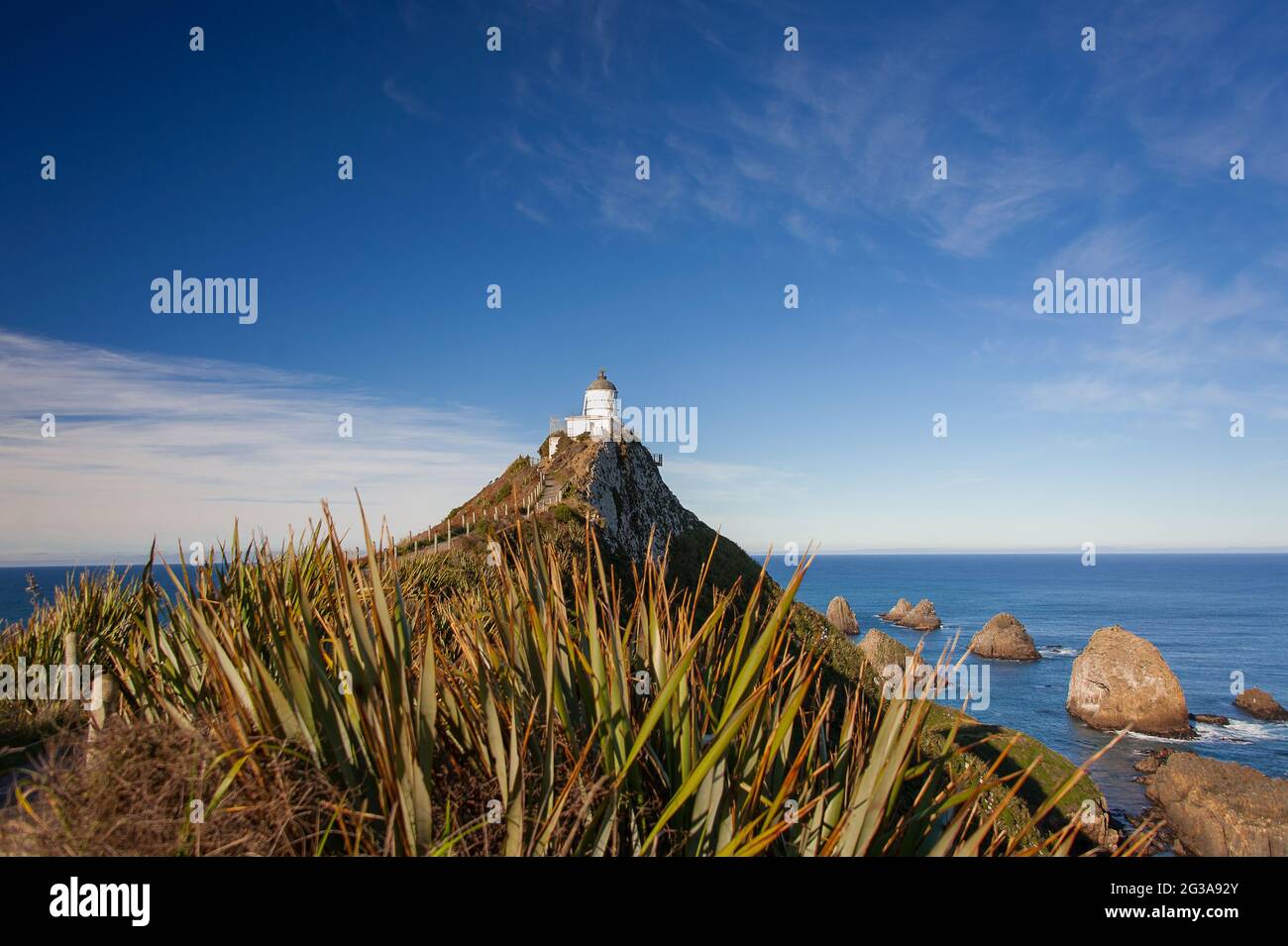 Nugget Point Lighthouse, Catlins Coast, New Zealand. Breathtaking scene, sunny foreground, deep blue ocean and sky Stock Photo