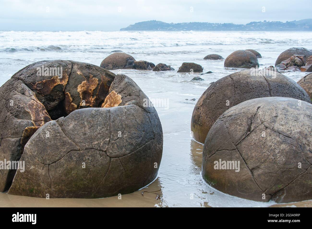 The Moeraki Boulders on Koekohe Beach, Otago. Close up view of a group of spherical rocks, with grey sea/sky background Stock Photo