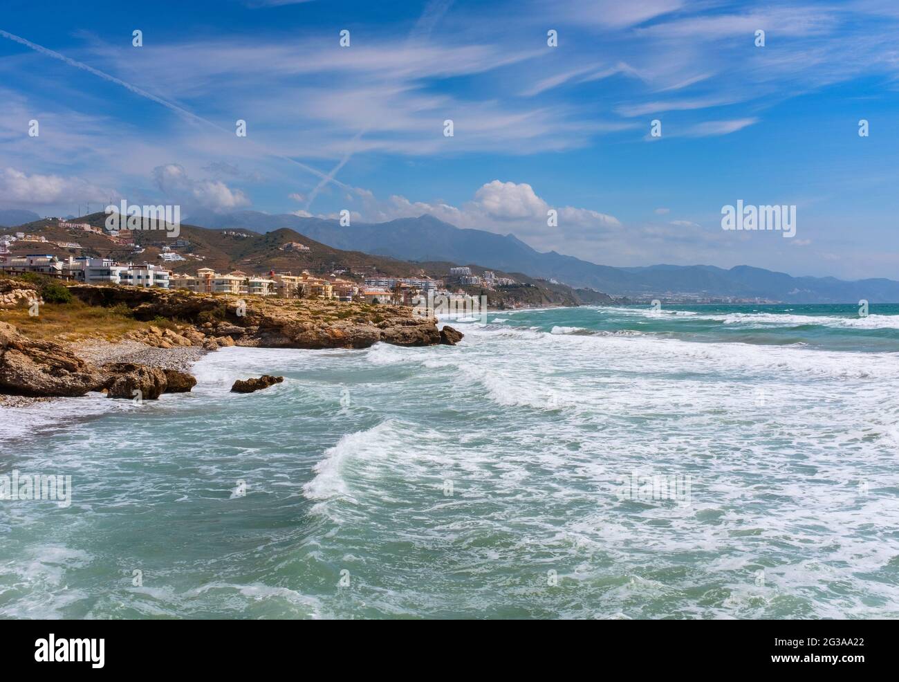 New developments along a  stormy Mediterranean coast at Torrox Costa,  Malaga Province, Andalucia, Spain Stock Photo