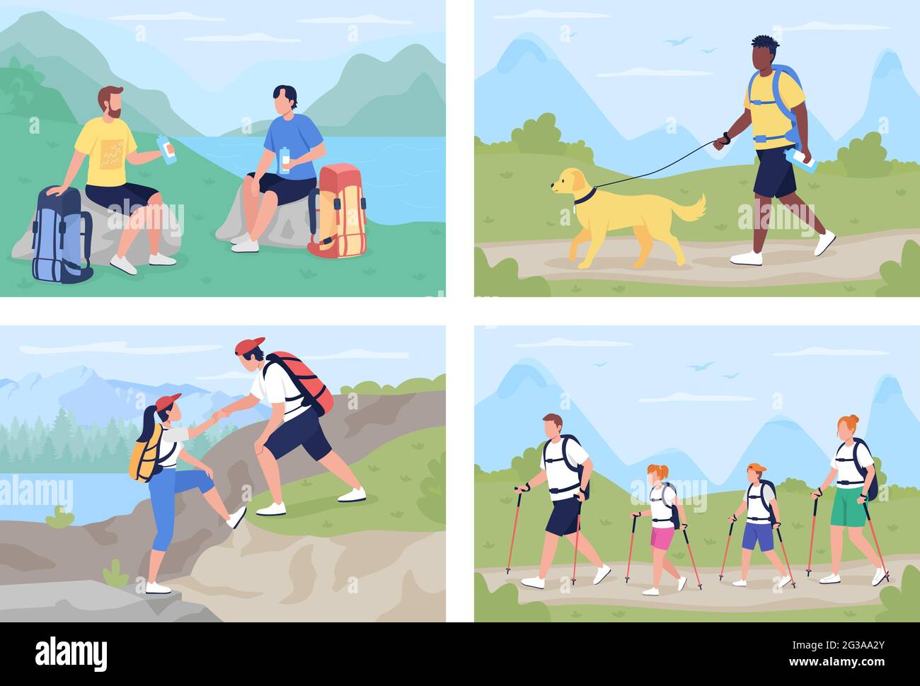Trekkers in countryside flat color vector illustration set Stock Vector