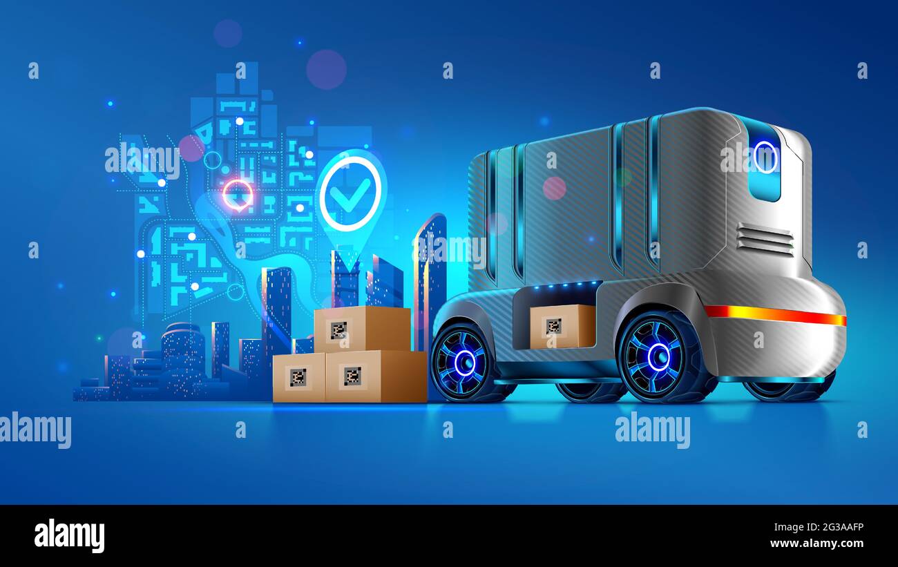 Autonomous delivery vehicle of future. Service transportation of cargo shipping to the buyer. Robotic self-driving lorry. Futuristic logistic concept Stock Vector