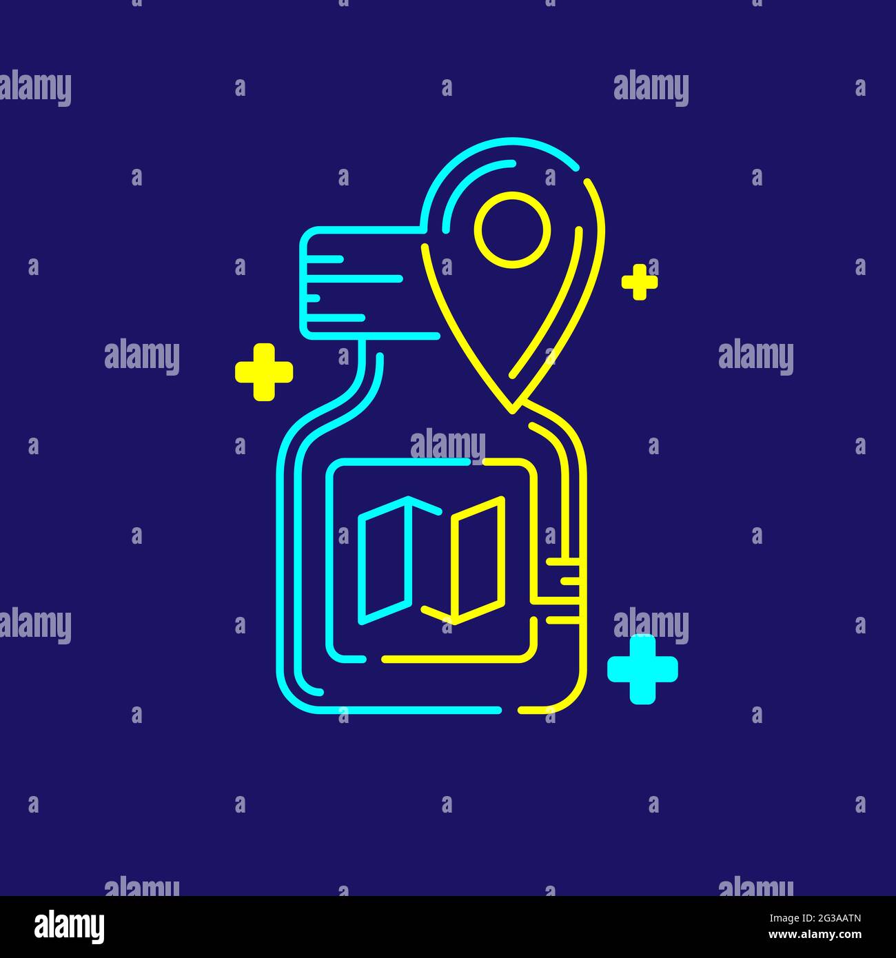 Logo covid-19 vaccine bottle map and GPS navigator sign with cross icon, Vaccination Campaign travel bubble guide illustration blue, yellow color isol Stock Vector