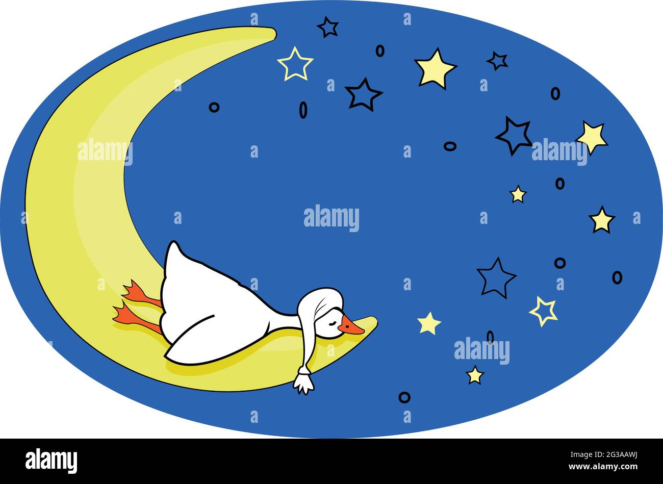 Cute postcard. A small white goose sleeps on the moon, in a night sky Stock Vector