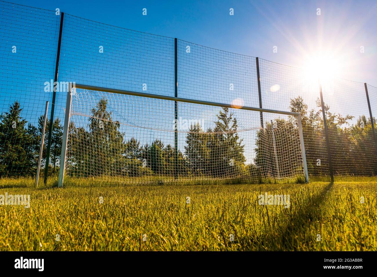 Evening stadium soccer field with empty goals Stock Photo Alamy