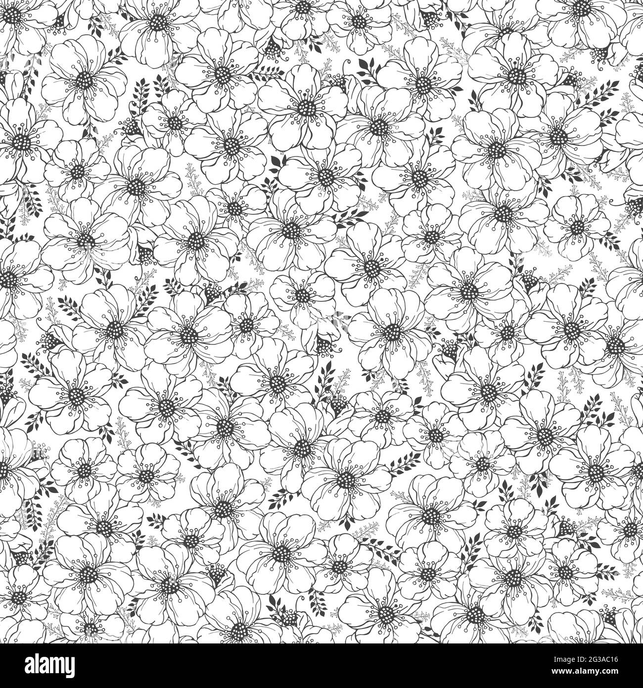 Vector seamless pattern with hand drawn flowers. Floral monochrome ...