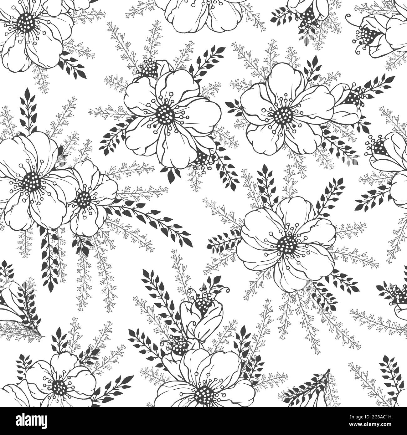 Vector seamless pattern with hand drawn flowers. Floral monochrome ...
