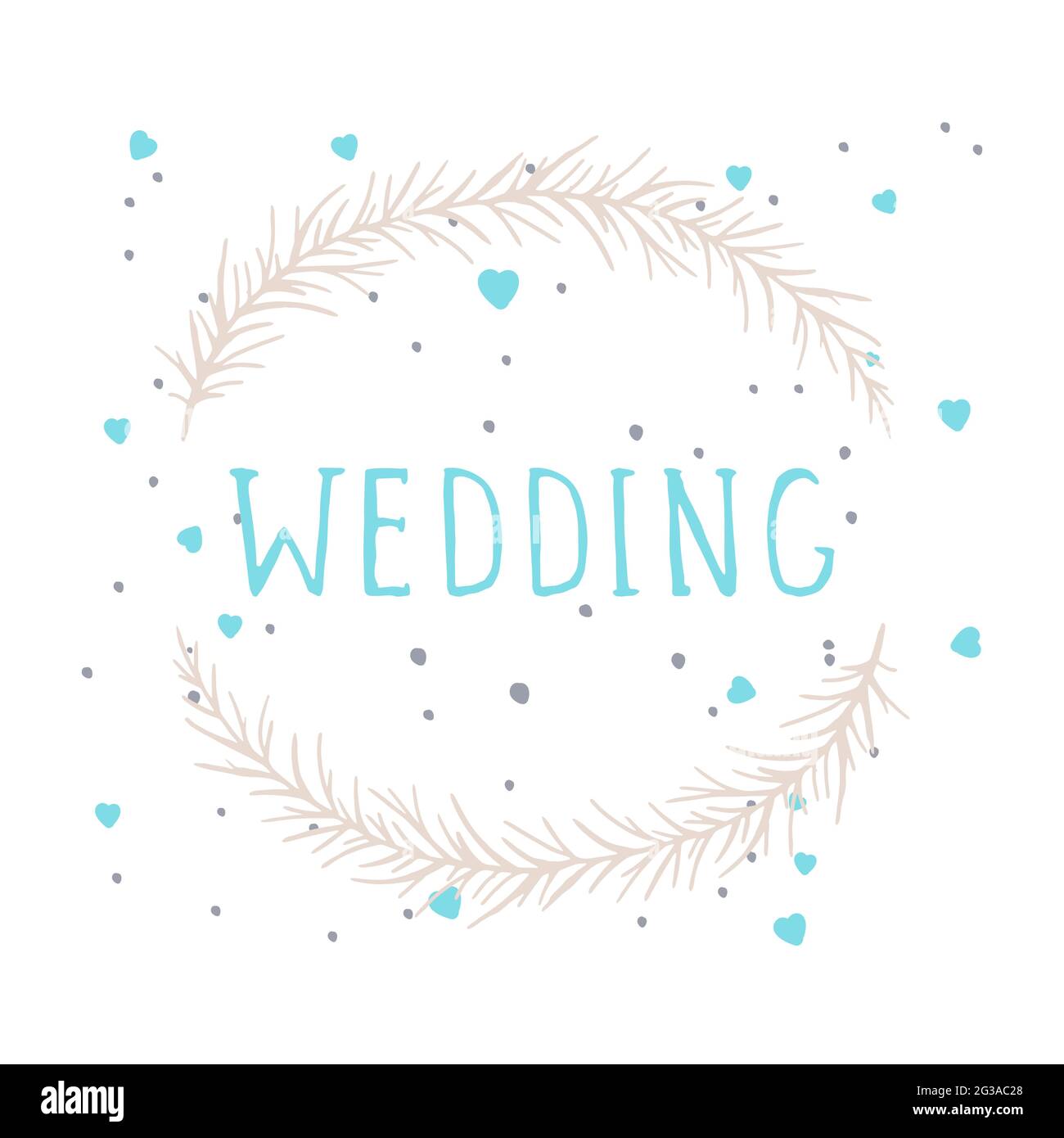 Vector hand drawn illustration of text WEDDING and floral round frame ...