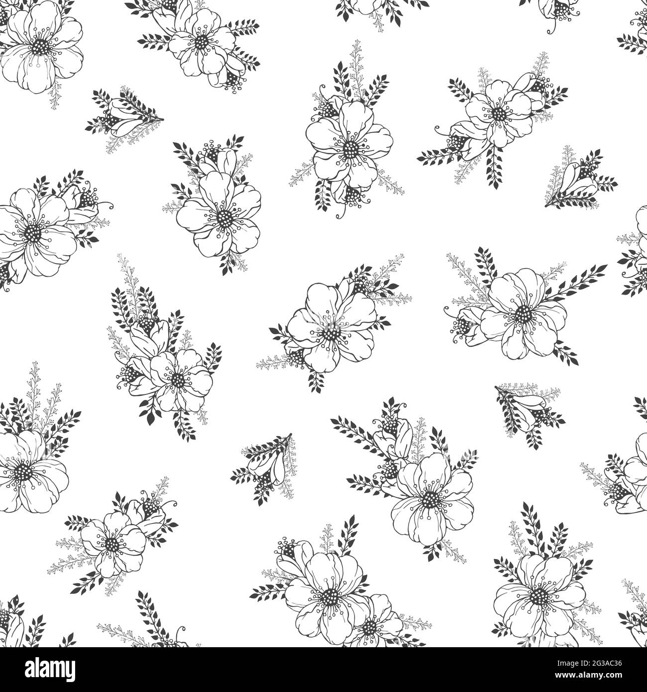 Vector seamless pattern with hand drawn flowers. Floral monochrome ...