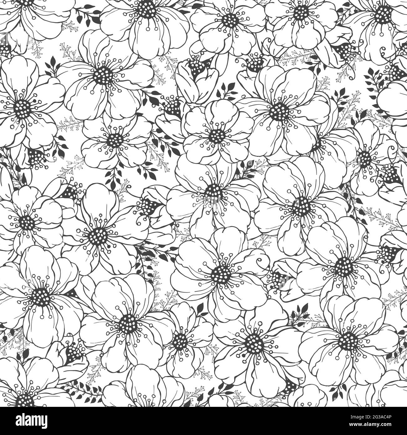 Vector seamless pattern with hand drawn flowers. Floral monochrome ...