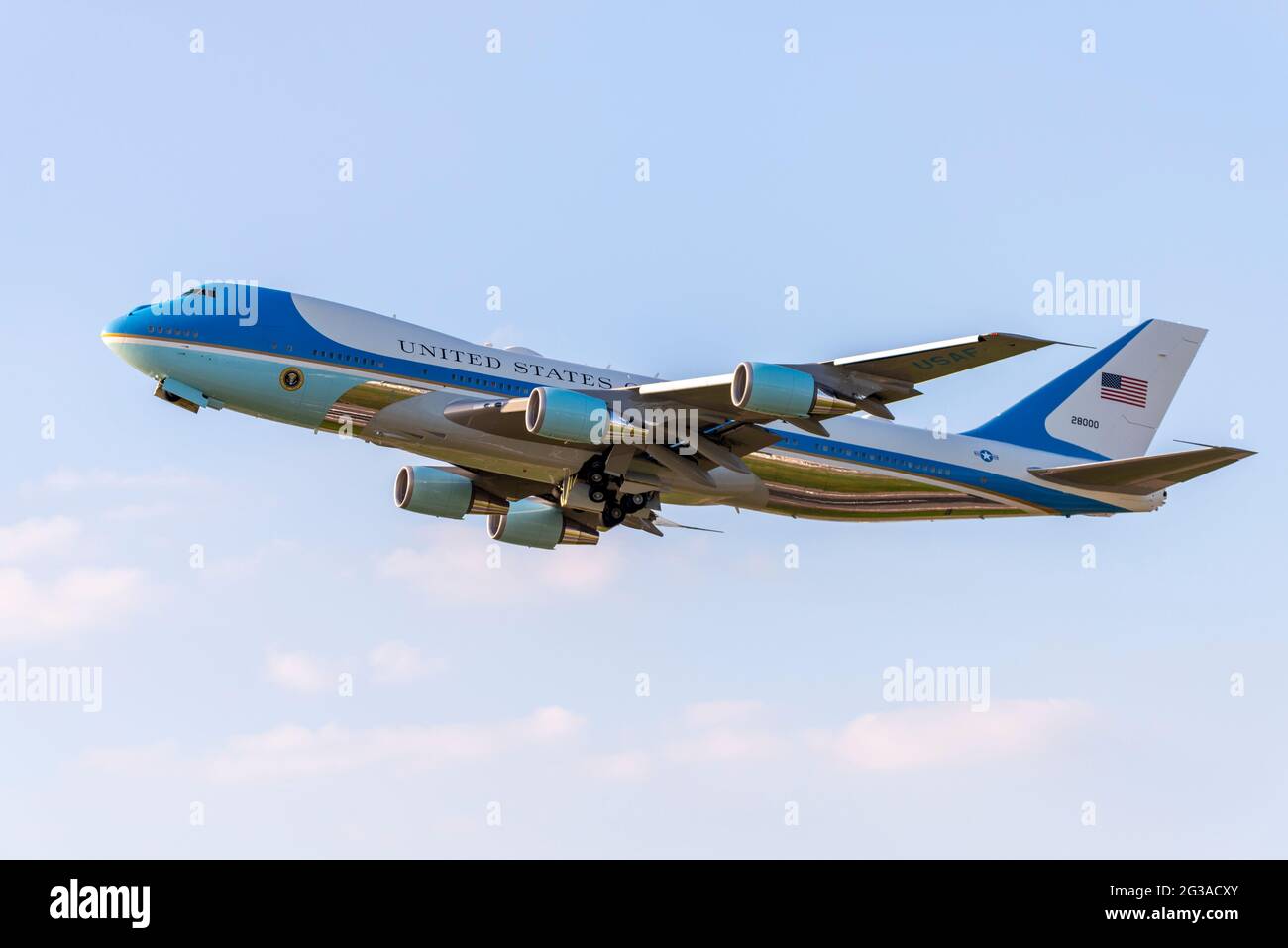 Air Force One jet plane with US President Joe Biden taking off from London Heathrow Airport, UK, bound for Brussels after G7 summit. Boeing VC-25A Stock Photo