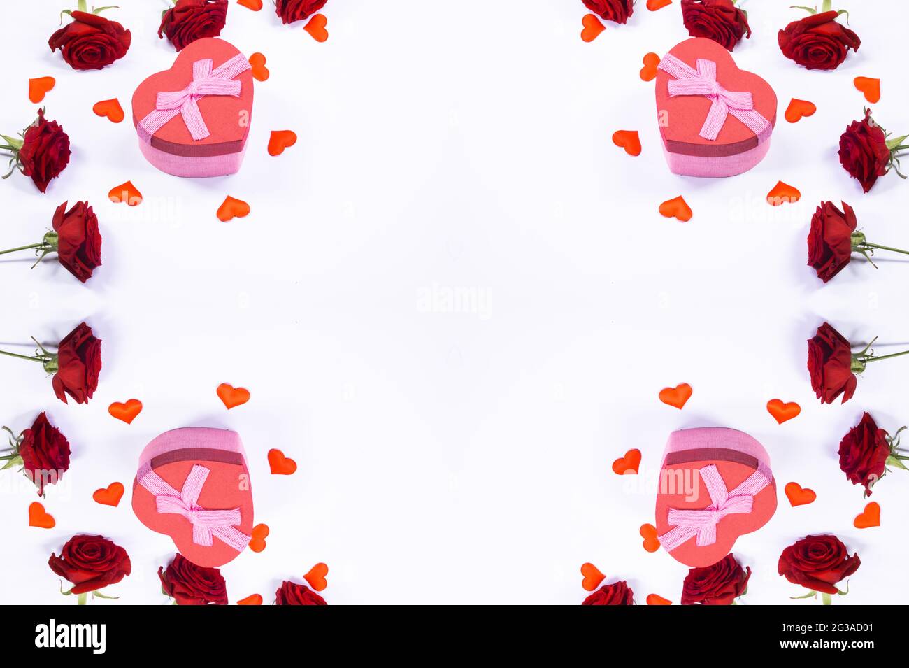 Valentines day frame of hearts, red rose flowers and gift box isolated ...