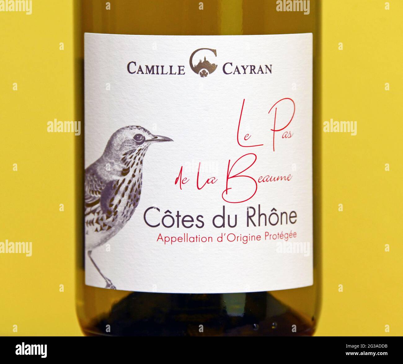 Wine label. Camille Cayran. Le Pas de la Beaume. Cotes du Rhone. Appellation d'Origine Protegee. Stock Photo