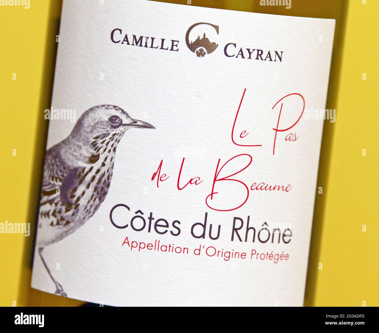 Wine label. Camille Cayran. Le Pas de la Beaume. Cotes du Rhone. Appellation d'Origine Protegee. Stock Photo