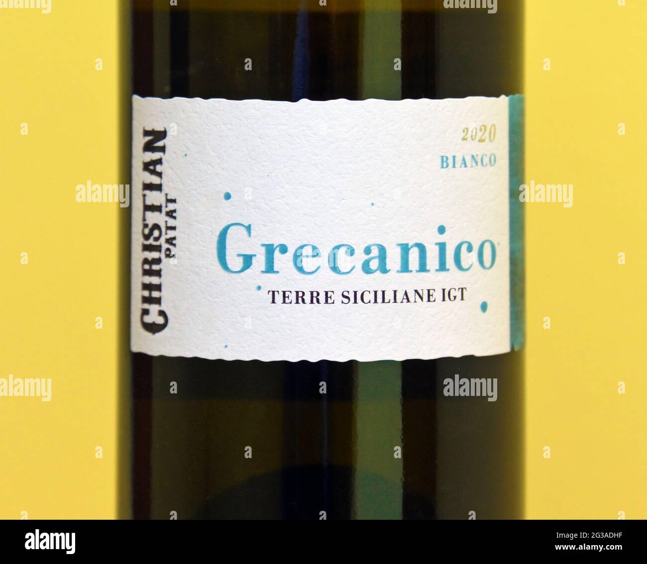 Wine label. Christian Patat. Grecanico. Bianco. 2020. Terre Siciliane IGT. Stock Photo