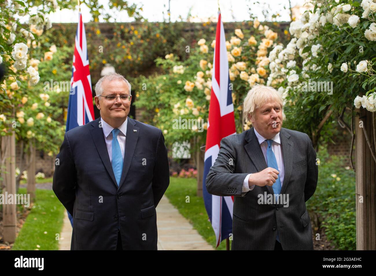 Prime Minister Boris Johnson with Australian Prime Minister Scott Morrison in the garden of 10 Downing Street, London, after agreeing the broad terms of a free trade deal between the UK and Australia, the UK's first trade deal negotiated fully since leaving the European Union. Picture date: Tuesday June 15, 2021. Stock Photo