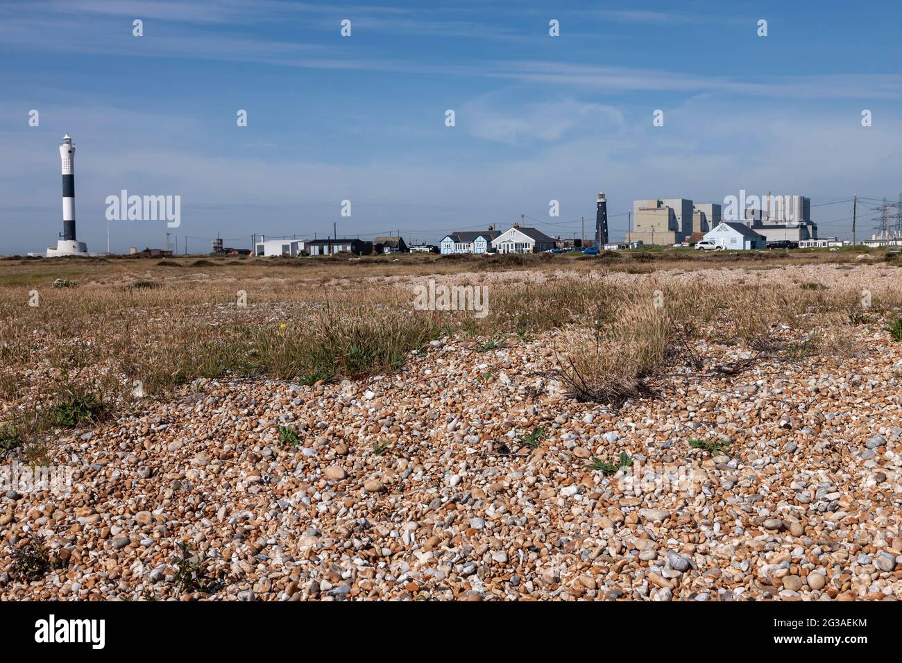 View across the Shingle to Dungeness Estate with the new Lighthouse and