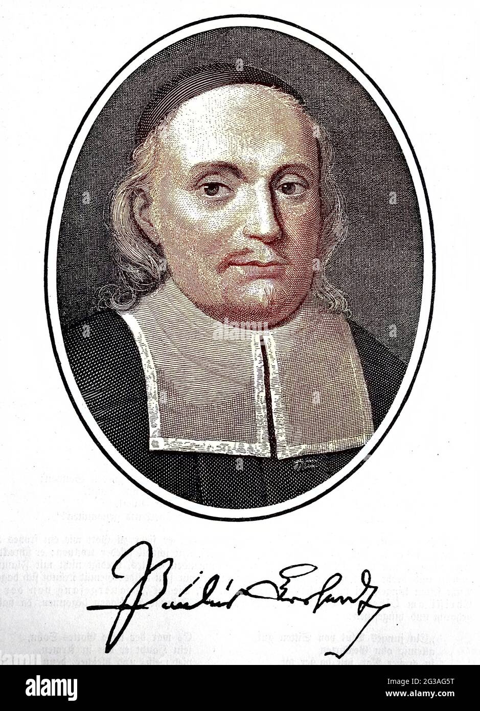 Paul Gerhardt, 22. März 1607 - 6. Juni 1676, war ein evangelisch-lutherischer Theologe und gilt als einer der bedeutendsten deutschsprachigen Kirchenlieddichter  /  Paul Gerhardt, 1607-1676, a German theologian, Lutheran minister and hymn writer, woodcut from the year 1882, historical, digital improved reproduction of an original from the 19th century / digitale Reproduktion einer Originalvorlage aus dem 19. Jahrhundert, Originaldatum nicht bekannt, Koloriert, Kolorierung, koloriert, handkoloriert, Hand-colouring, hand coloured, colored Stock Photo