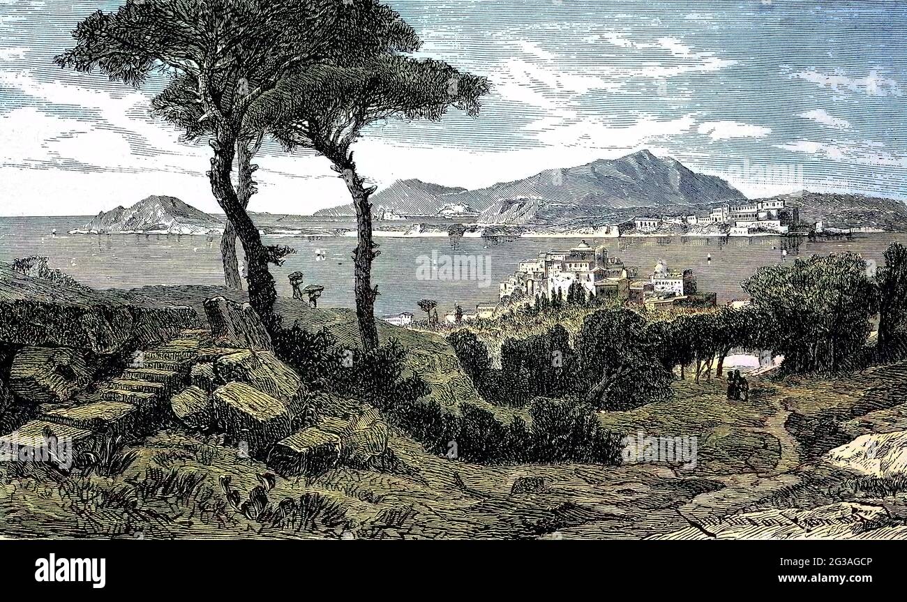 Pozzuoli und der Golf von Baja, jetzt Golf von Neapel, Italien / Pozzuoli  and the Gulf of Baja, now Gulf of Naples, Italy, from a woodcut of 1880,  historical, digital improved reproduction