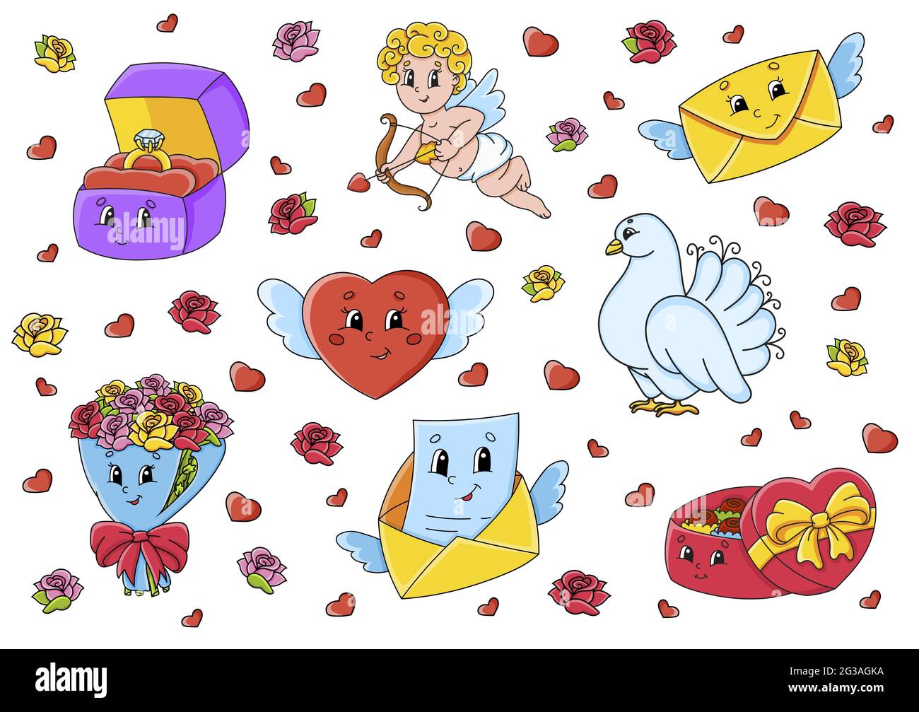 Set of cute cartoon characters. Valentine's Day clipart. Hand drawn ...