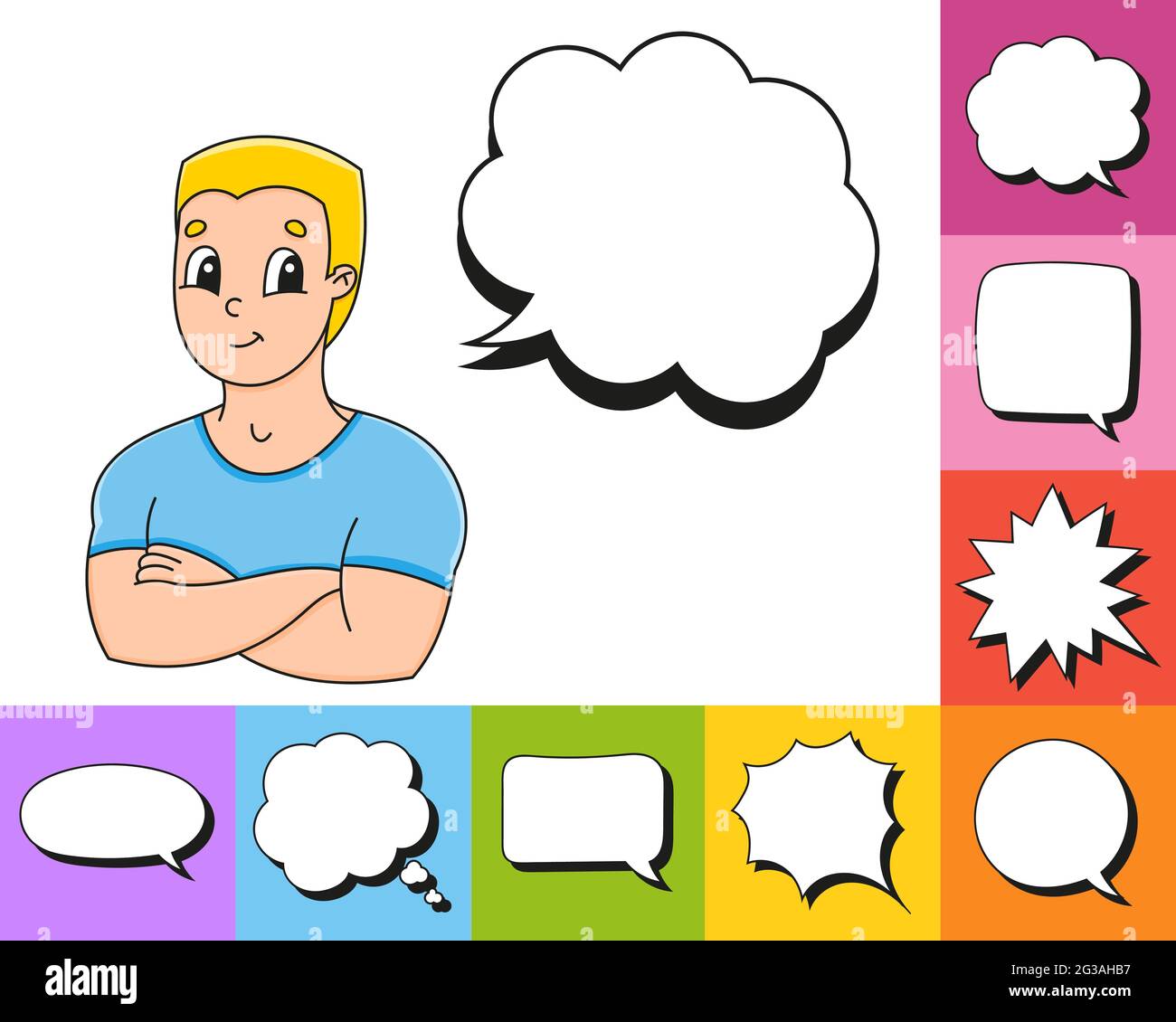 Set of speech bubbles of different shapes. With a cute cartoon character. Hand drawn. Thinking balloons. Vector illustration isolated on white backgro Stock Vector