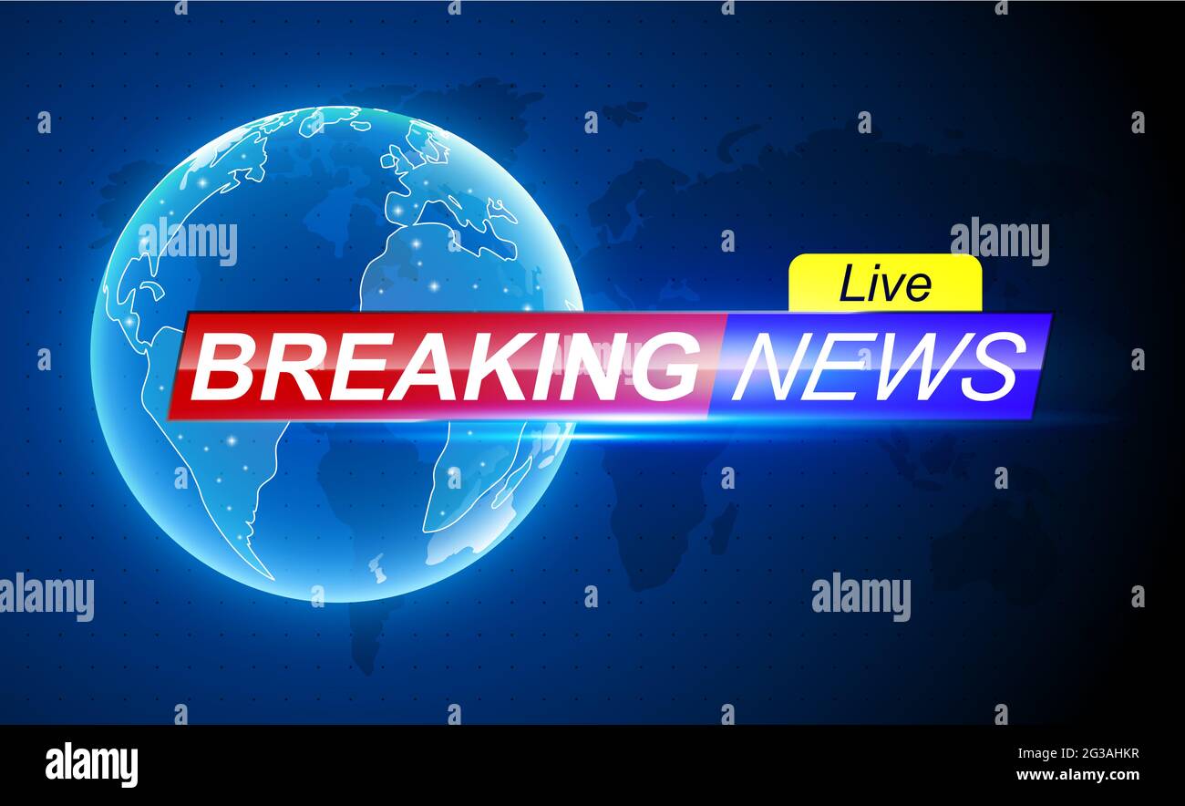 Breaking news template. Holographic globe on world map. Hot news internet banner. Stock Photo