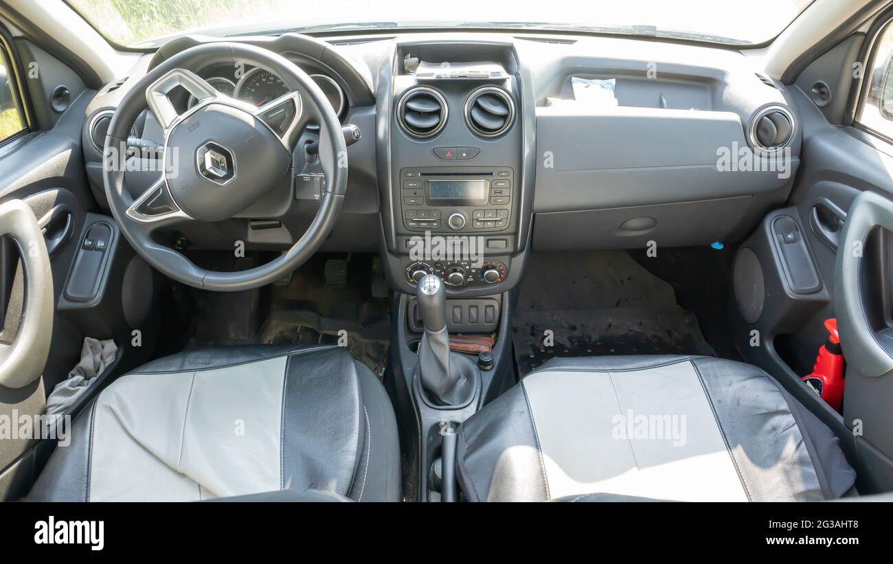 Renault Duster salon. Interior design, dashboard, speedometer, tachometer  and steering wheel inside the car. The car is produced by the French  company Stock Photo - Alamy