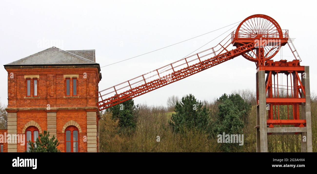 The Winding House and Headstocks of an Old Coal Mine. Stock Photo