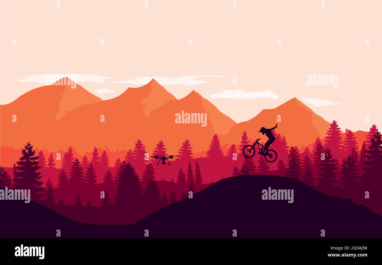 Mountain bike rider in wild mountain nature landscape background. Stock Photo