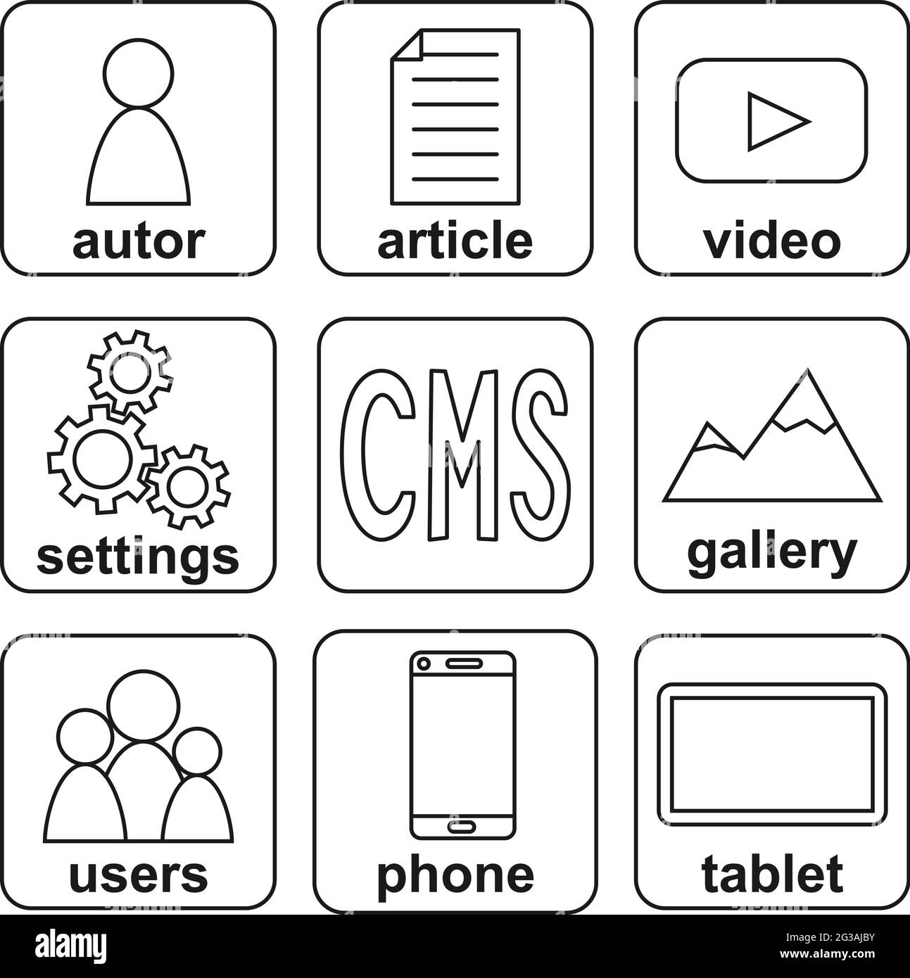 Black and white multiplatform cms elements infographic. Simple content management system icons. Monochrome vector illustration for site background, ba Stock Vector