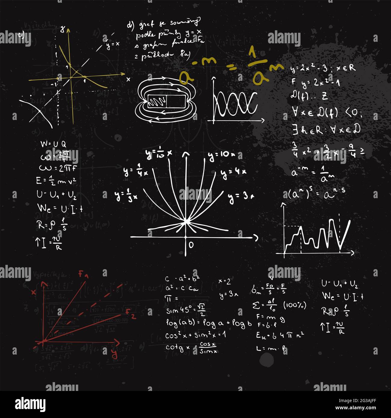 Handwritten mathematical formulas and graphs. Blackboard with calculations. Stock Photo
